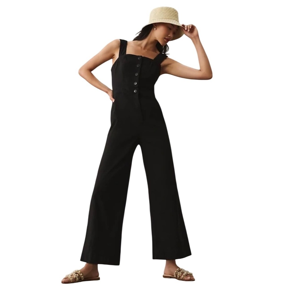 Maeve Anthropologie The Colette Button Front Wide Leg Jumpsuit Black Size 2
